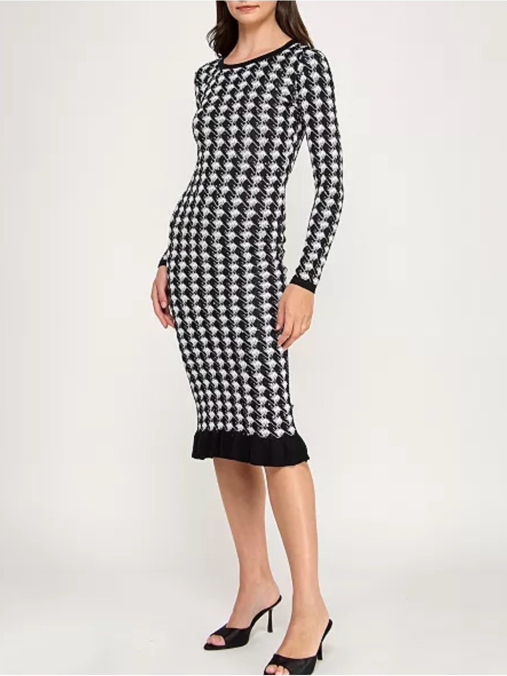 Sequin Houndstooth Ruffle Hem Midi Sweater Dress Size S - Picture 2 of 12